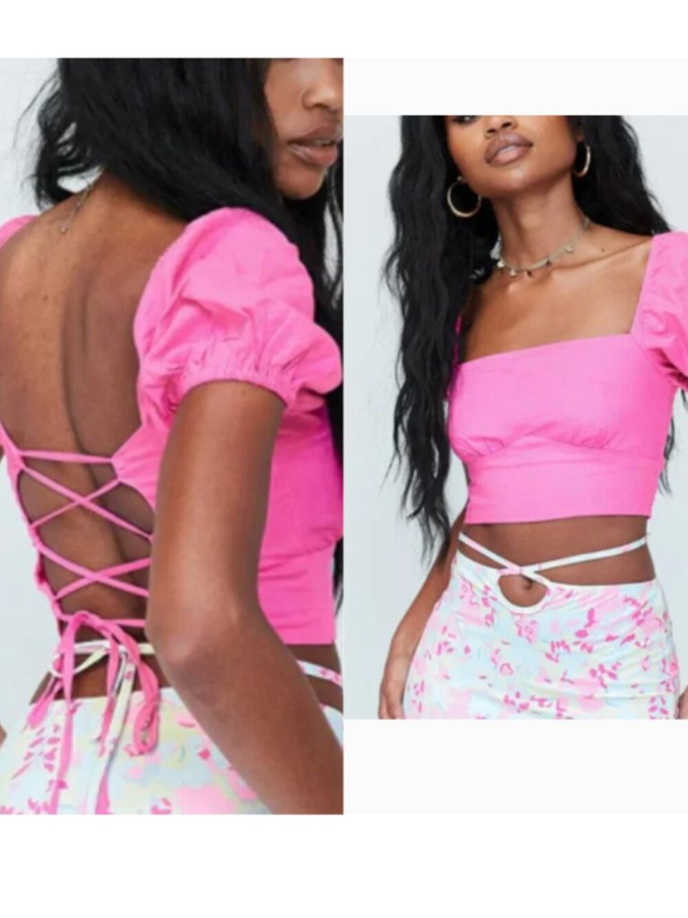 ☀️ PRINCESS POLLY Hot Pink Cinched Puff Sleeves Crop Top Tie Back Going Out 10